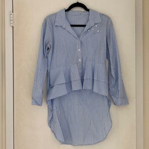Blue & white striped pearl embellished waterfall hem peplum button front blouse